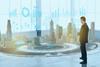 Man standing looking at a digital twin projection of a city